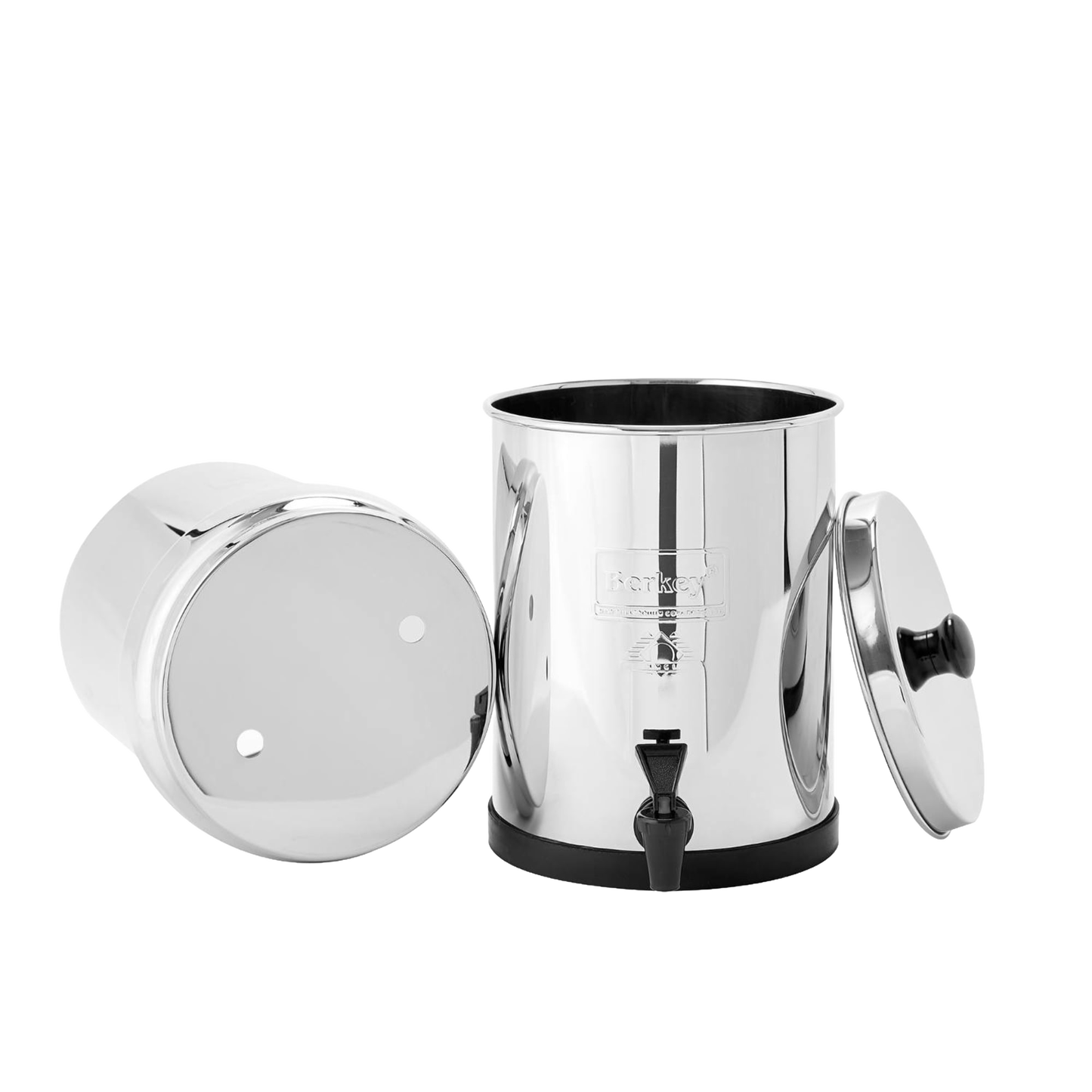 Handcrafted compact stainless steel water filtration system with removable chambers and spigot, suitable for emergency supplies, appliances, and water treatment collections.