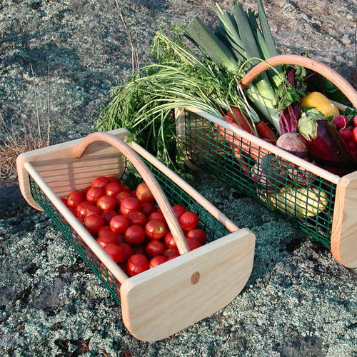 Pair of handcrafted Maine Garden Hods with smooth wooden ends and green wire mesh bodies, filled with fresh garden vegetables, part of Farm, Garden & Tool, Garden Accessories, USA Made, Best Sellers, and Promo Eligible collections.