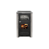 Compact wood cookstove featuring a glass window with burning logs, a built-in oven with a temperature gauge, and stainless steel sides, blending hearth warmth with cooking utility in stoves and cookstoves collections.