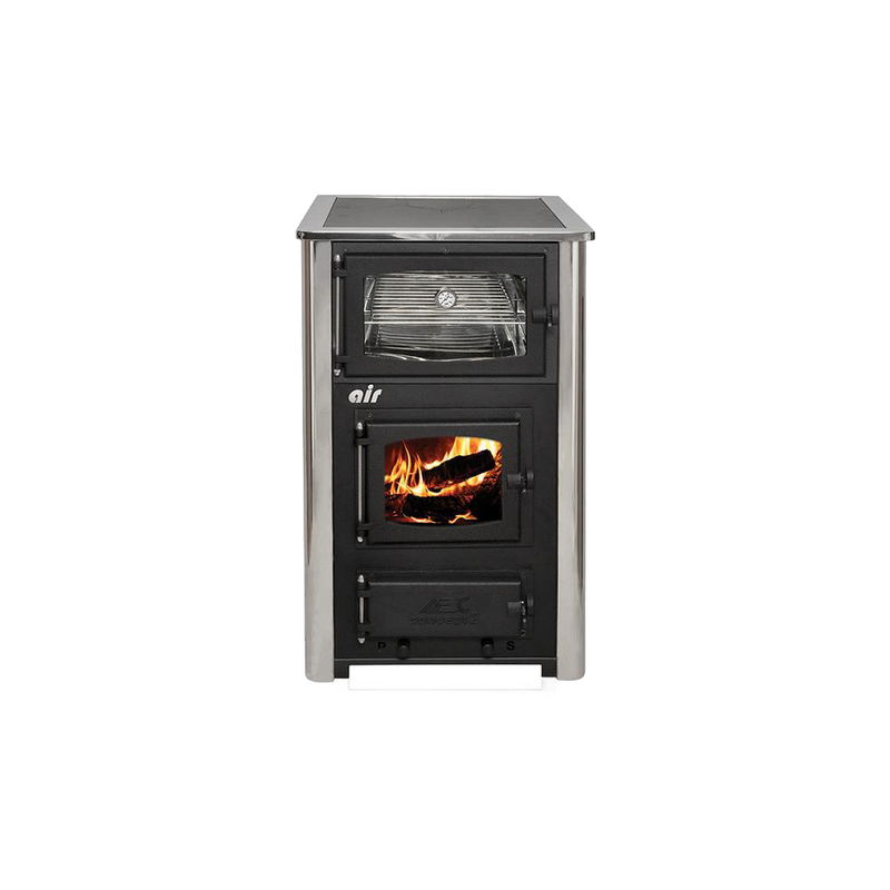 Compact wood cookstove featuring a glass window with burning logs, a built-in oven with a temperature gauge, and stainless steel sides, blending hearth warmth with cooking utility in stoves and cookstoves collections.