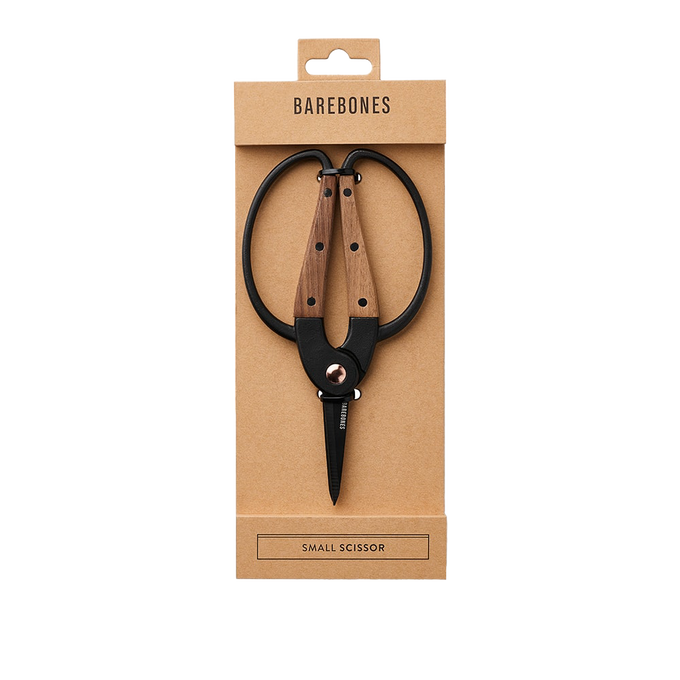 Small gardener’s scissors with heat-treated stainless steel blades and wide walnut handles featuring an ambidextrous grip, ideal for precise herb harvesting in Farm, Garden & Tool and Garden Accessories collections.