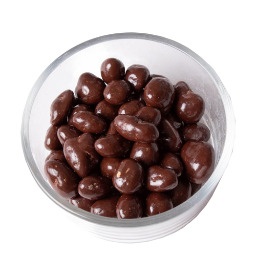 Clear glass bowl filled with glossy, handcrafted chocolate covered raisins made in USA, ideal for Kitchen & Food, Snacks and Sweets, Candy, USA Made, Best Sellers, and Promo Eligible collections.