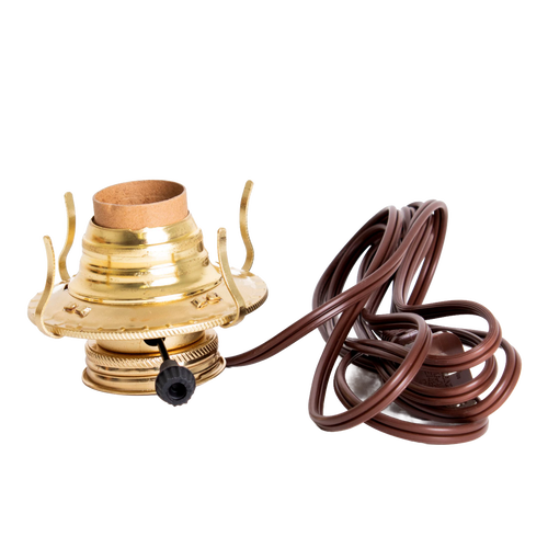 Handcrafted brass plated electrified burner featuring a threaded base and removable collar with UL listed brown cord, ideal for Lamps & Lighting, Parts and Accessories, and Electric Conversion collections.