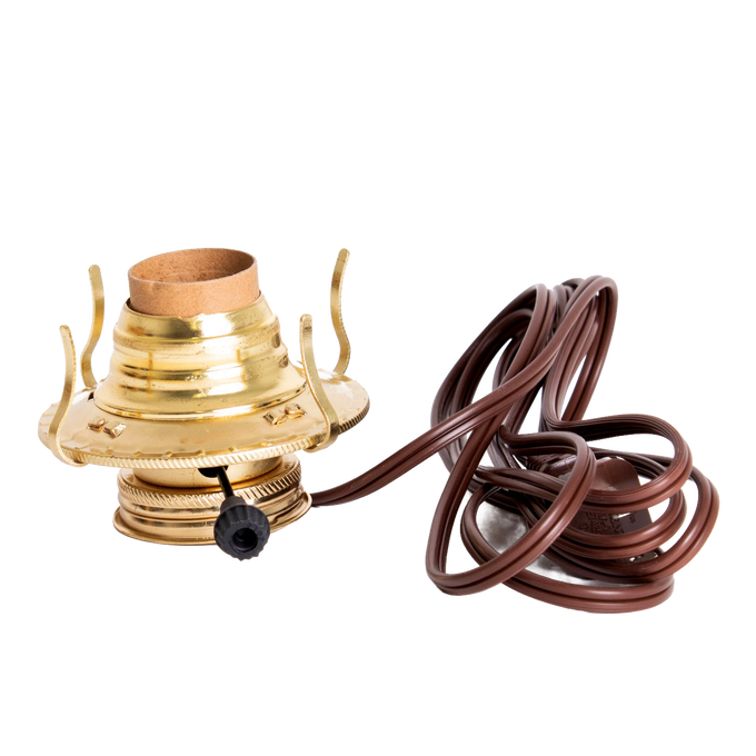 Handcrafted brass plated electrified burner featuring a threaded base and removable collar with UL listed brown cord, ideal for Lamps & Lighting, Parts and Accessories, and Electric Conversion collections.