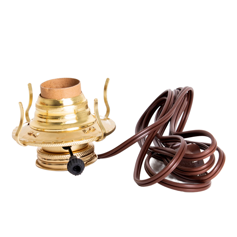 Handcrafted brass plated electrified burner featuring a threaded base and removable collar with UL listed brown cord, ideal for Lamps & Lighting, Parts and Accessories, and Electric Conversion collections.
