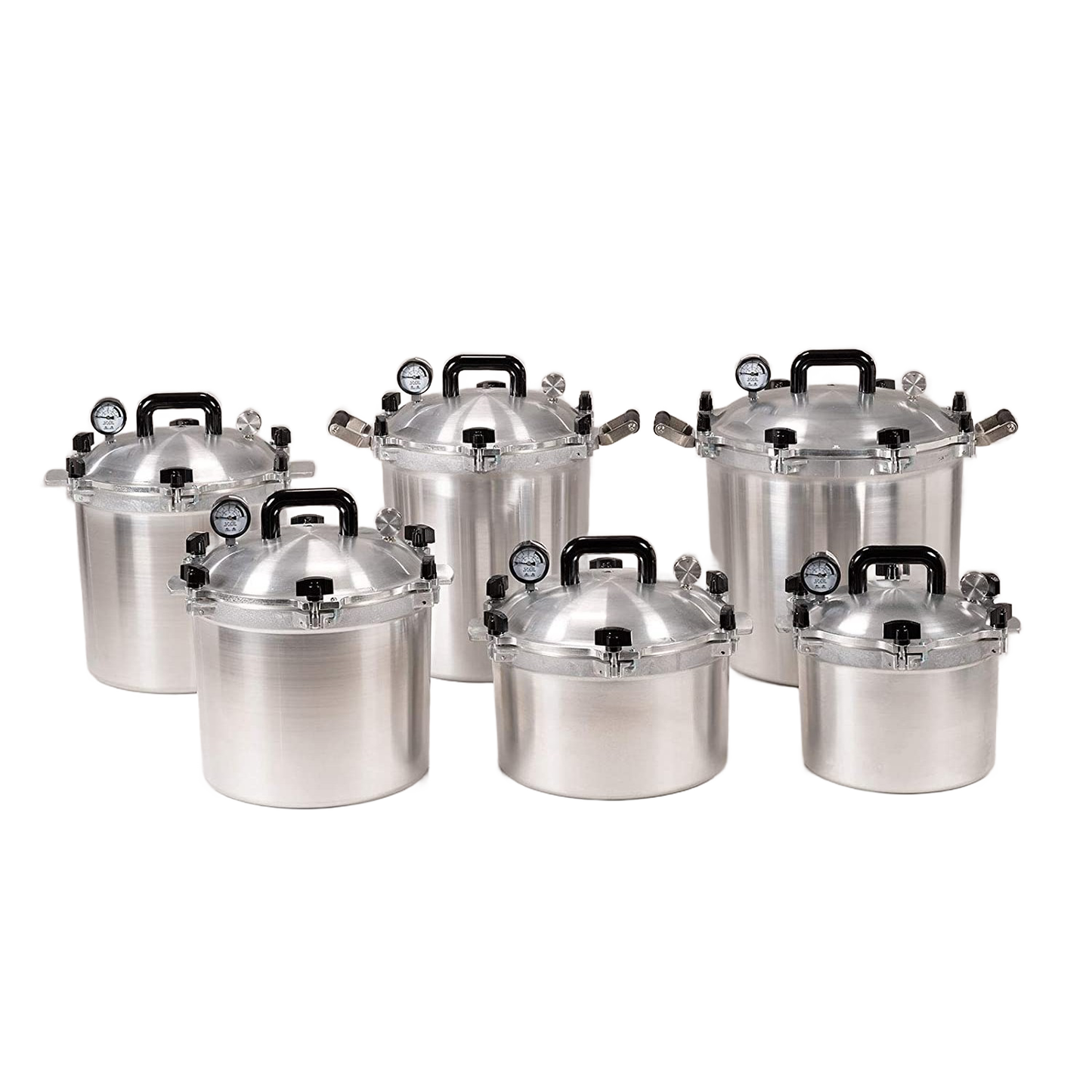 Group of handcrafted aluminum pressure canners with secure locking lids and built-in pressure gauges, made in USA, featured in Kitchen & Food, Food Preservation, and Pressure Canners collections.