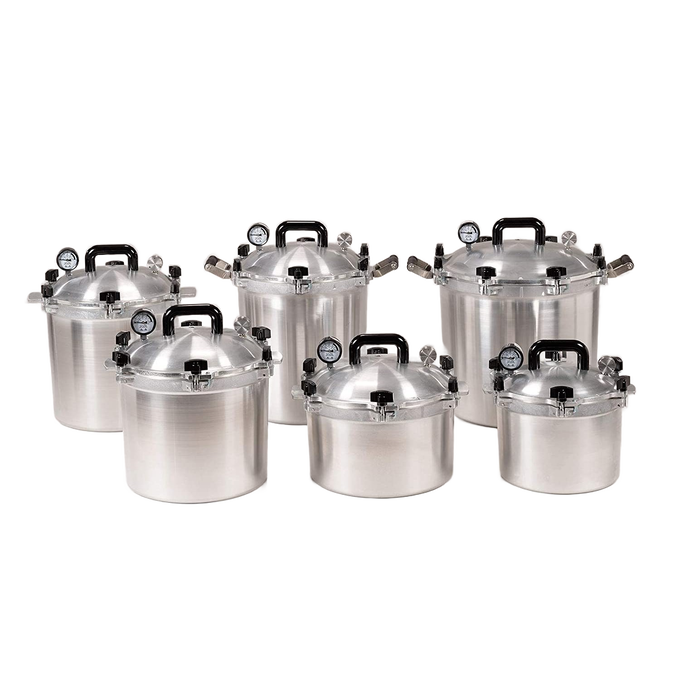Group of handcrafted aluminum pressure canners with secure locking lids and built-in pressure gauges, made in USA, featured in Kitchen & Food, Food Preservation, and Pressure Canners collections.