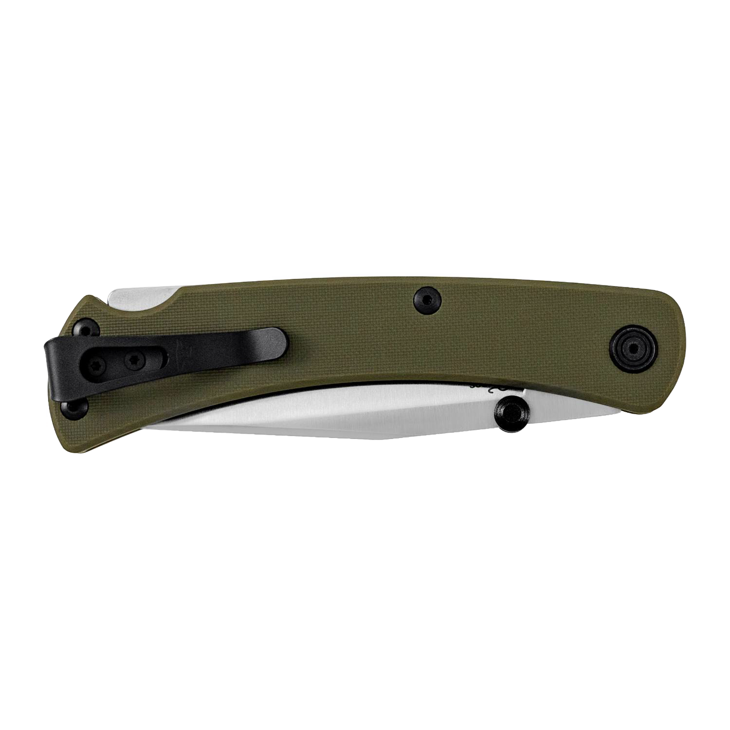 Slim folding knife with olive green handle, black reversible deep carry pocket clip, and dual thumbstuds, crafted in USA for Farm, Garden & Tool and Hand Tools collections.