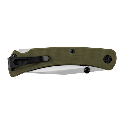 Slim folding knife with olive green handle, black reversible deep carry pocket clip, and dual thumbstuds, crafted in USA for Farm, Garden & Tool and Hand Tools collections.