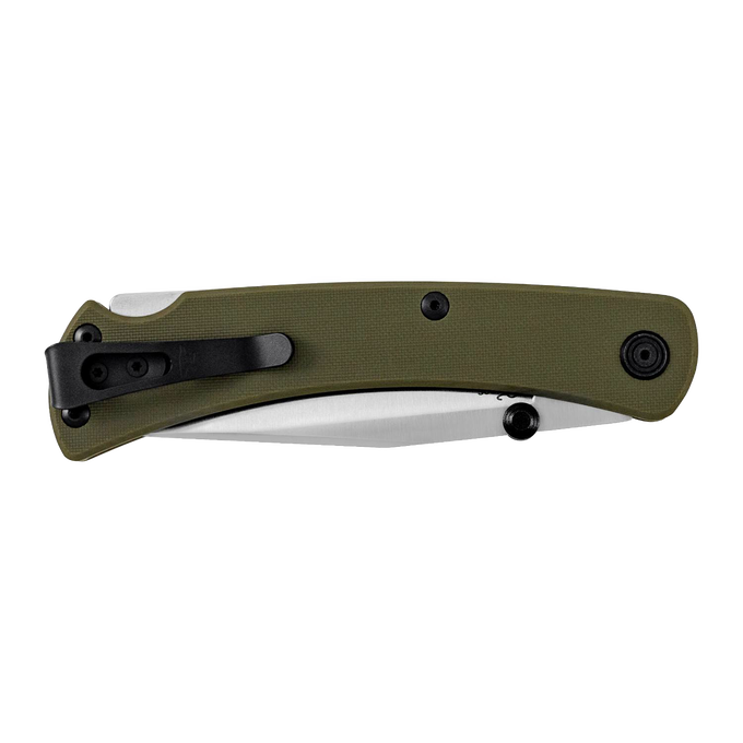 Slim folding knife with olive green handle, black reversible deep carry pocket clip, and dual thumbstuds, crafted in USA for Farm, Garden & Tool and Hand Tools collections.