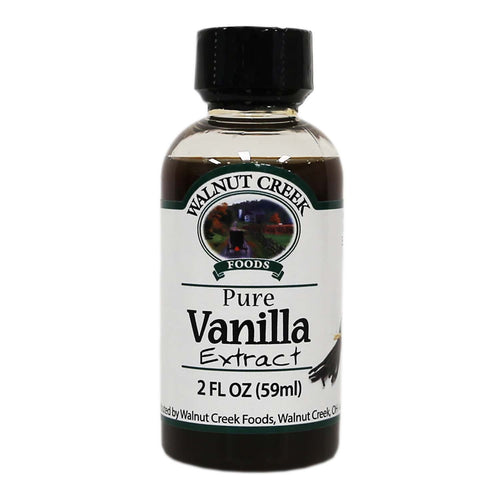 Small 2-ounce dark glass bottle of pure vanilla extract with a white label featuring Walnut Creek Foods branding, suitable for Kitchen & Food, Pantry, and Best Sellers collections.