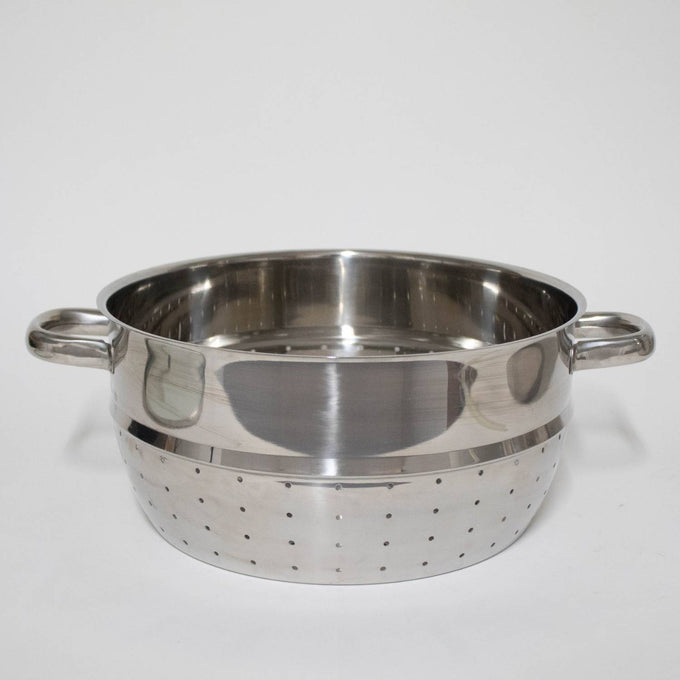 Polished stainless steel perforated fruit basket insert with side handles, designed for use with stovetop juicers in Kitchen & Food, Juicers and Steamers, Best Sellers, and Promo Eligible collections.