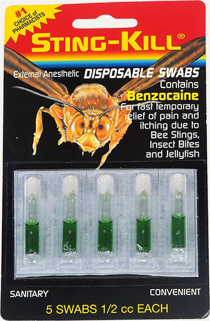Package of six sanitary disposable swabs containing benzocaine for quick relief from bee stings, insect bites, and jellyfish, suitable for Health & Wellness, Pest Control, Camping, USA Made, and Promo collections.