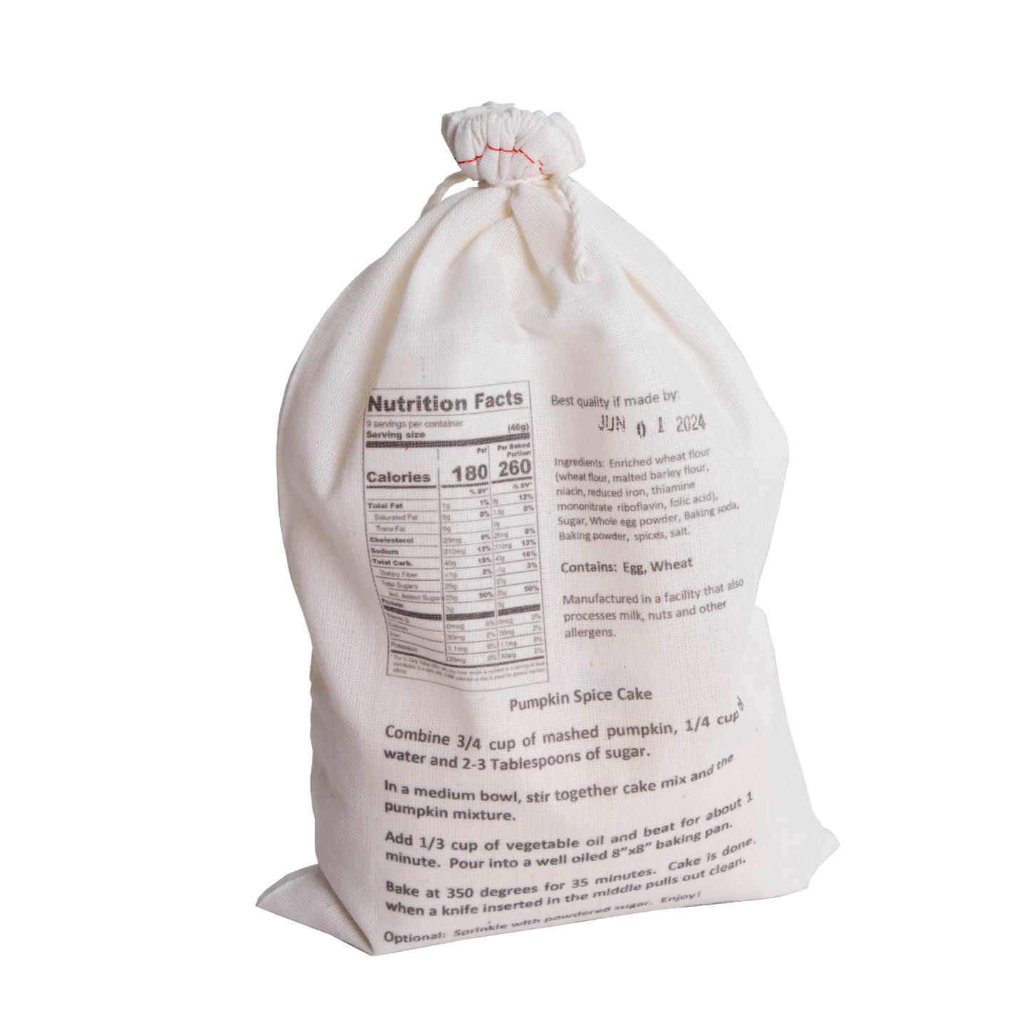 Natural fabric drawstring bag containing handcrafted pumpkin spice cake mix with detailed nutrition facts and baking instructions, ideal for Kitchen & Food, Pantry, Dry Goods and Mixes, Best Sellers, Promo Eligible collections.