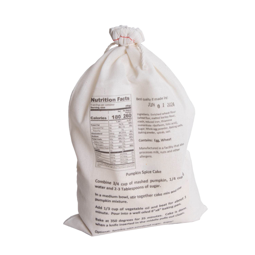 Natural fabric drawstring bag containing handcrafted pumpkin spice cake mix with detailed nutrition facts and baking instructions, ideal for Kitchen & Food, Pantry, Dry Goods and Mixes, Best Sellers, Promo Eligible collections.