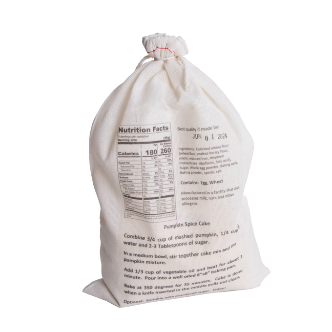 Natural fabric drawstring bag containing handcrafted pumpkin spice cake mix with detailed nutrition facts and baking instructions, ideal for Kitchen & Food, Pantry, Dry Goods and Mixes, Best Sellers, Promo Eligible collections.