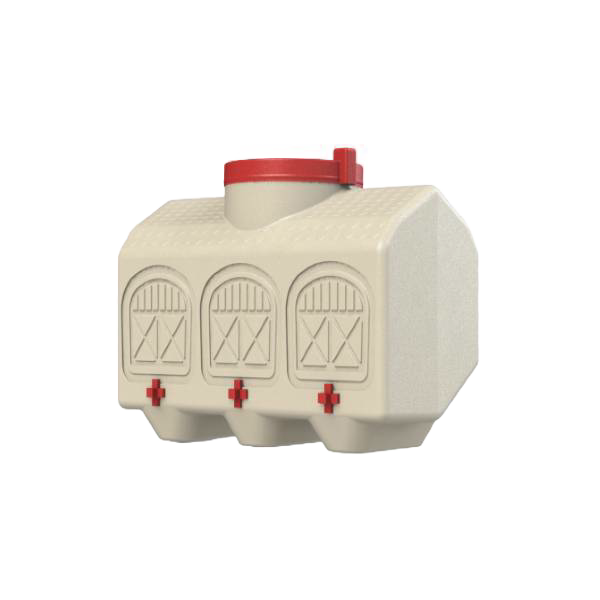 Beige high-capacity chicken waterer with red lid and three drinking ports, designed for farm and animal care, part of chicken accessories and best sellers collections.