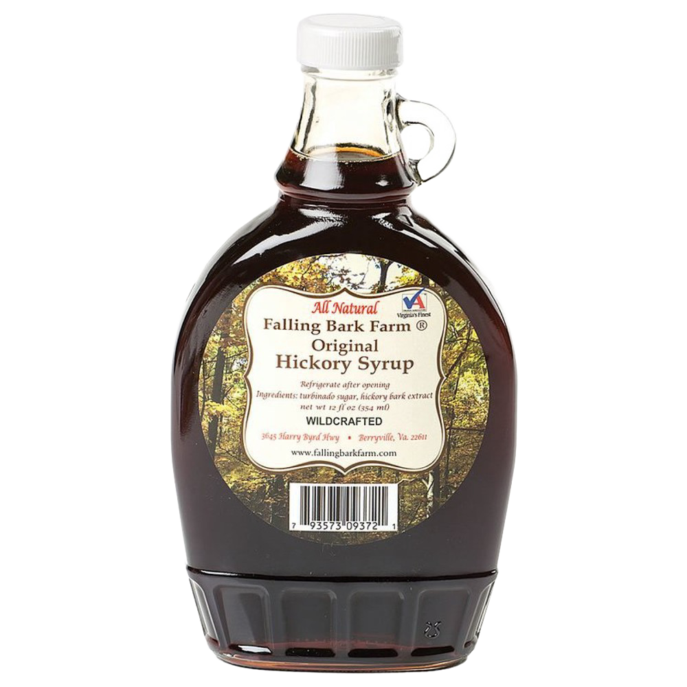 Glass bottle of handcrafted hickory syrup with a white cap and handle, featuring a rustic farm label, perfect for Kitchen & Food, Pantry, USA Made, and Best Sellers collections.