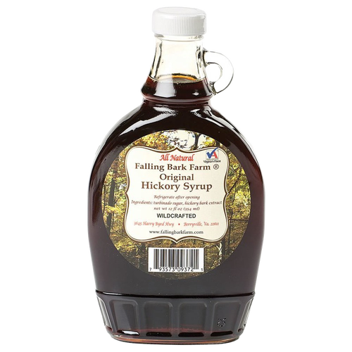 Glass bottle of handcrafted hickory syrup with a white cap and handle, featuring a rustic farm label, perfect for Kitchen & Food, Pantry, USA Made, and Best Sellers collections.