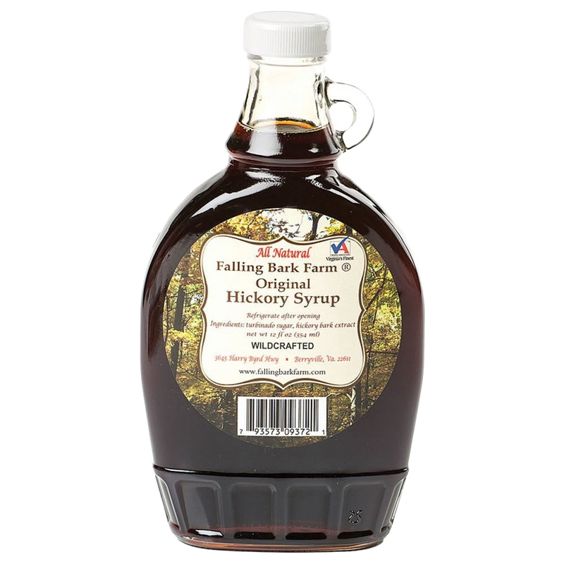Glass bottle of handcrafted hickory syrup with a white cap and handle, featuring a rustic farm label, perfect for Kitchen & Food, Pantry, USA Made, and Best Sellers collections.