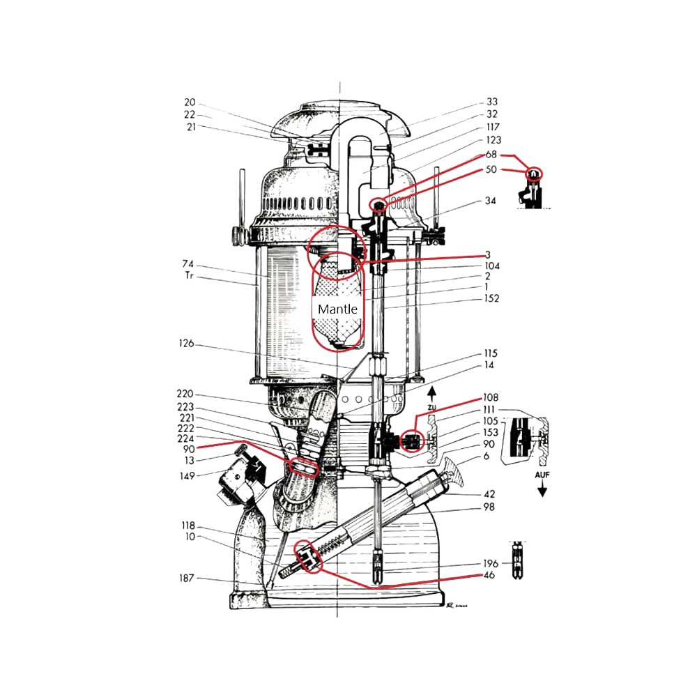 Detailed technical illustration of a Petromax HK500 lamp showing labeled components including ceramic burner head and replacement mantles, ideal for Lamps & Lighting, Parts and Accessories, Other Parts, Best Sellers, and Promo Eligible collections.