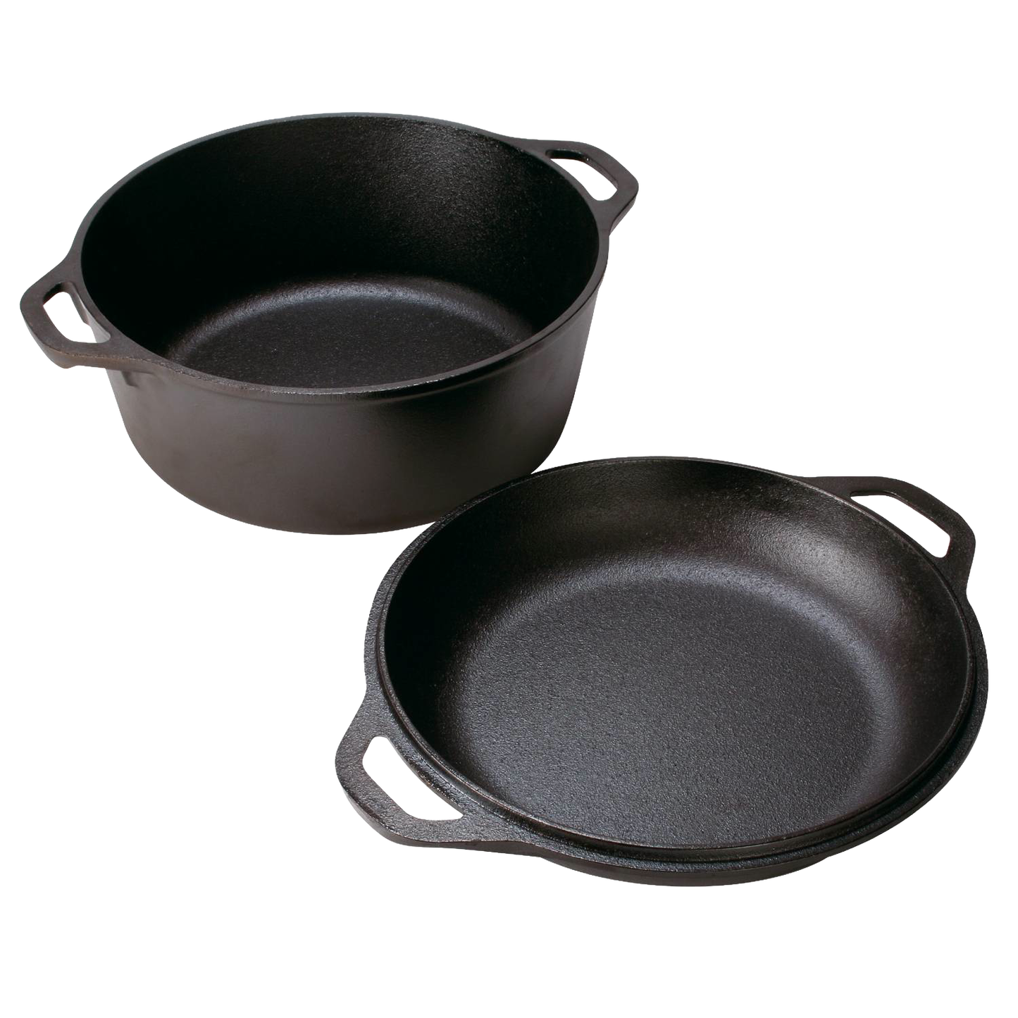 Handcrafted black cast iron double Dutch oven with a five-quart capacity and extra deep lid that doubles as a skillet, made in USA, ideal for Kitchen & Food, Cookware, Cast Iron, USA Made, Best Sellers, and Promo Eligible collections.
