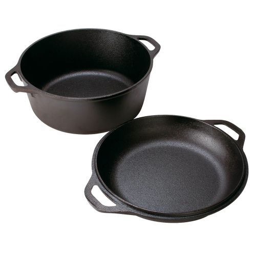 Handcrafted black cast iron double Dutch oven with a five-quart capacity and extra deep lid that doubles as a skillet, made in USA, ideal for Kitchen & Food, Cookware, Cast Iron, USA Made, Best Sellers, and Promo Eligible collections.