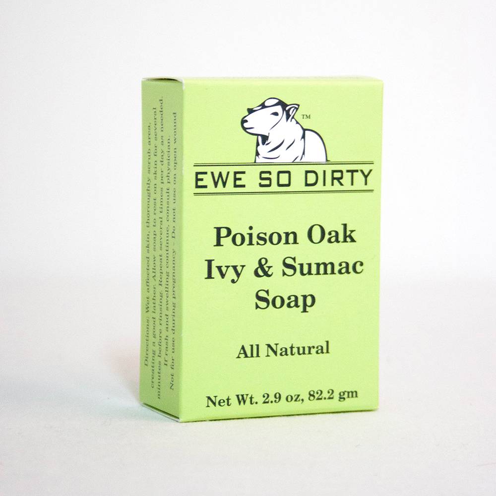 Light green box of handcrafted soap made with natural ingredients to soothe irritation from poison oak, ivy, and sumac, featured in Health & Wellness, Soaps, USA Made, and Best Sellers collections.