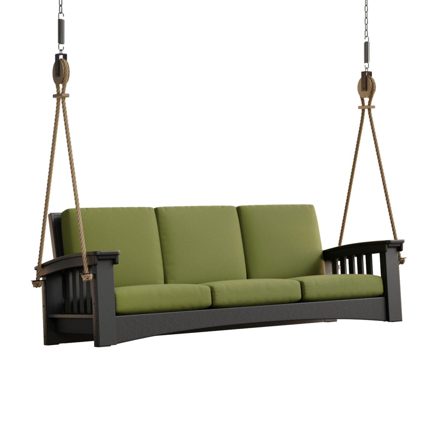 Handcrafted Mission Sofa 7 ft rope swing with olive green cushions suspended by durable ropes and painted cypress frame, featured in Home & Decor, Outdoor Furniture, USA Made, Amish Made, Best Sellers, Promo Eligible collections.
