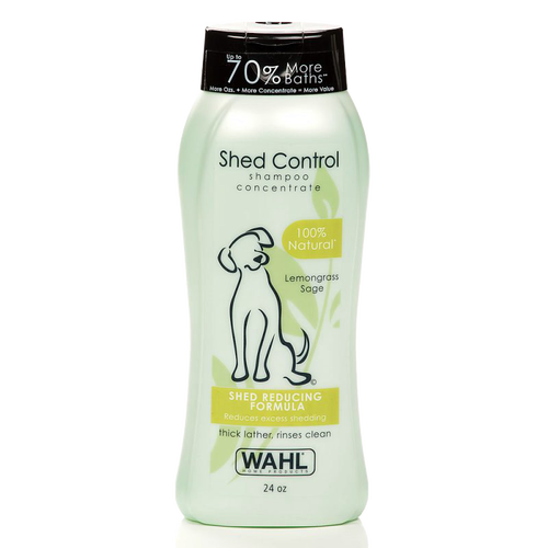 Bottle of natural shed control shampoo concentrate for dogs with lemongrass and sage scent, designed to reduce shedding and rinse clean, part of Grooming and Pet Supplies collections.