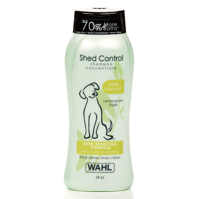 Bottle of natural shed control shampoo concentrate for dogs with lemongrass and sage scent, designed to reduce shedding and rinse clean, part of Grooming and Pet Supplies collections.