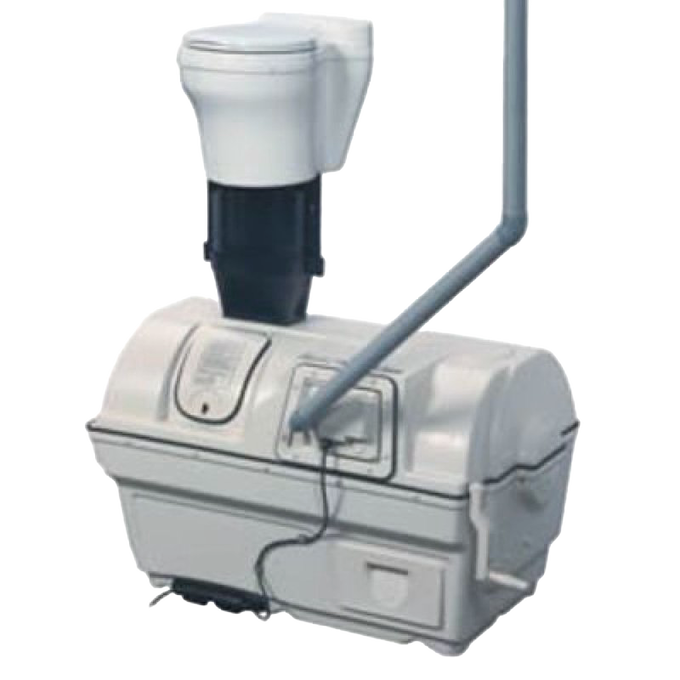 Compact grey composting toilet system with air-flow ventilation pipe and white seat, designed for water-free operation, featured in Appliances, Composting Toilets, and Best Sellers collections.