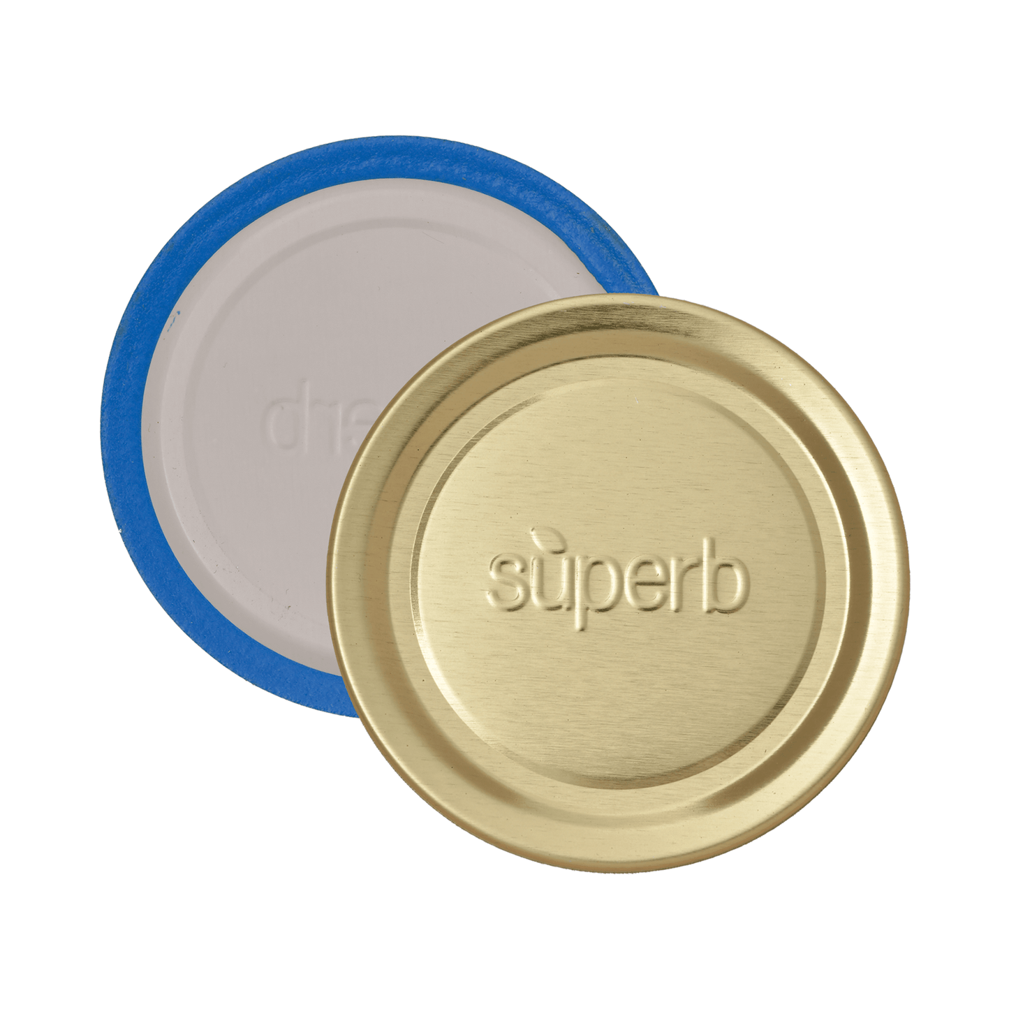 Pair of gold-tone regular-mouth canning jar lids with blue sealing bands embossed with superb, crafted for reliable food preservation in Kitchen & Food and USA Made collections.