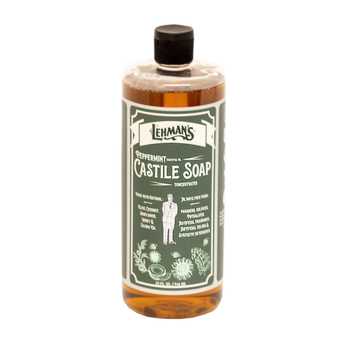Clear amber bottle of handcrafted Lehman's peppermint scented castile soap with plant-based oils, highlighting multi-use natural cleaner in Health & Wellness and Grooming collections Made in USA.