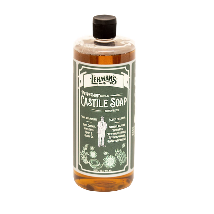 Clear amber bottle of handcrafted Lehman's peppermint scented castile soap with plant-based oils, highlighting multi-use natural cleaner in Health & Wellness and Grooming collections Made in USA.