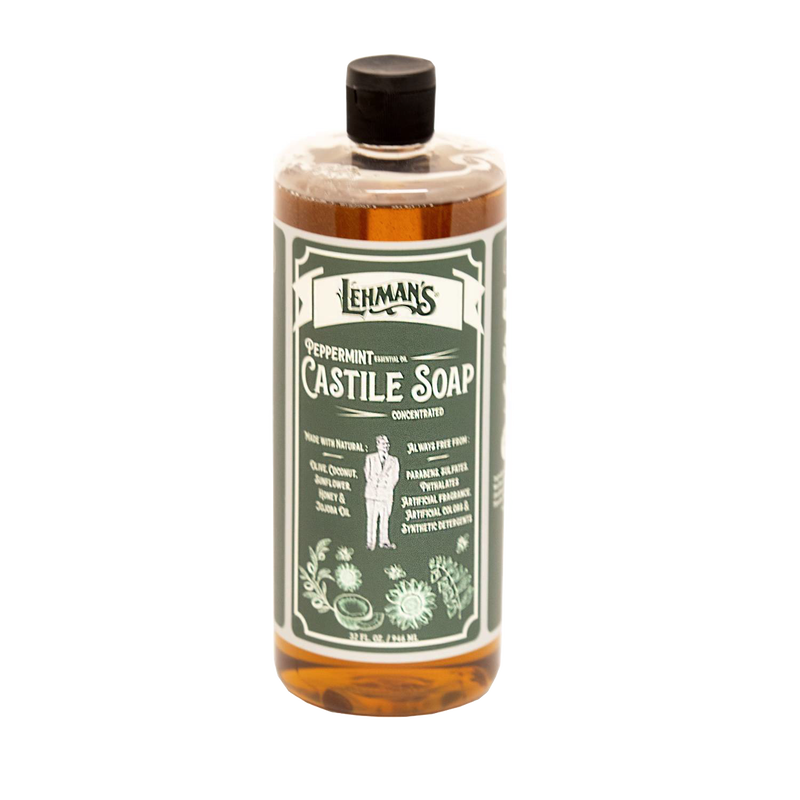 Clear amber bottle of handcrafted Lehman's peppermint scented castile soap with plant-based oils, highlighting multi-use natural cleaner in Health & Wellness and Grooming collections Made in USA.