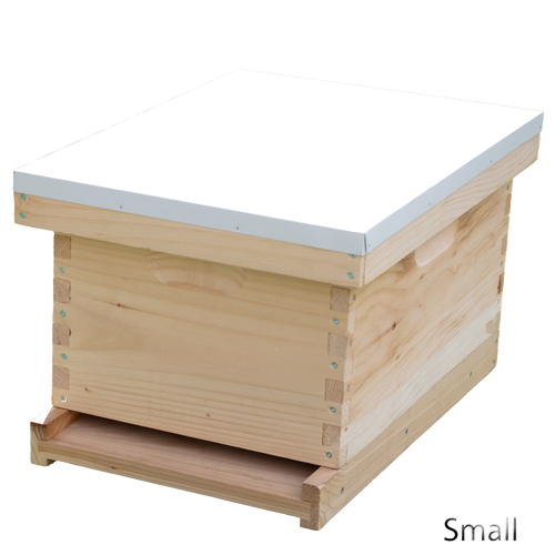 Natural wood 8-frame beehive box with a white metal top and wooden bottom board, handcrafted for Farm, Garden & Tool, Beekeeping Supplies, 8-Frame Hives, and Best Sellers collections.