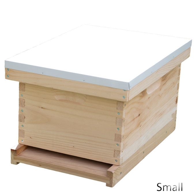 Natural wood 8-frame beehive box with a white metal top and wooden bottom board, handcrafted for Farm, Garden & Tool, Beekeeping Supplies, 8-Frame Hives, and Best Sellers collections.
