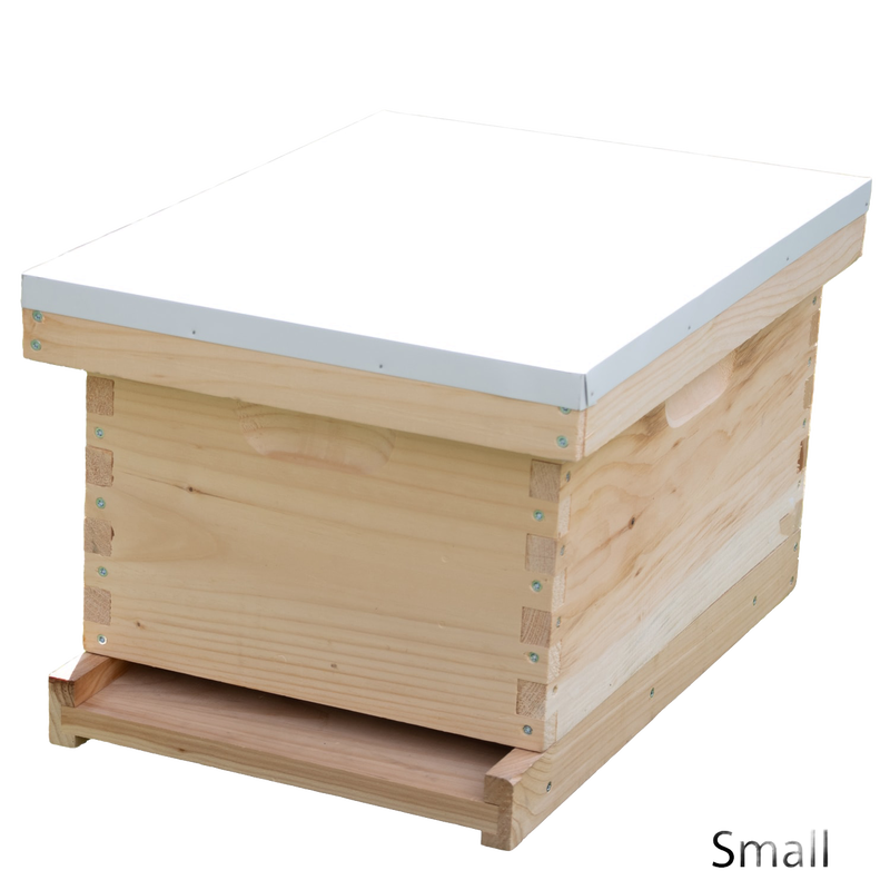 Natural wood 8-frame beehive box with a white metal top and wooden bottom board, handcrafted for Farm, Garden & Tool, Beekeeping Supplies, 8-Frame Hives, and Best Sellers collections.