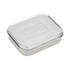 Rectangular reusable stainless steel snack container with a smooth lid embossed with branding, designed for durable, eco-friendly food storage in Kitchen & Food and Storage and Serving collections.