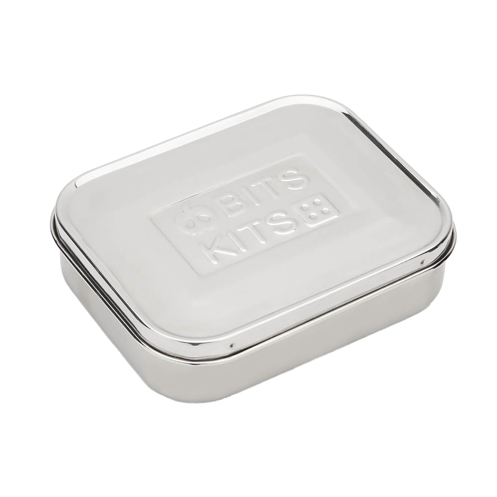 Rectangular reusable stainless steel snack container with a smooth lid embossed with branding, designed for durable, eco-friendly food storage in Kitchen & Food and Storage and Serving collections.