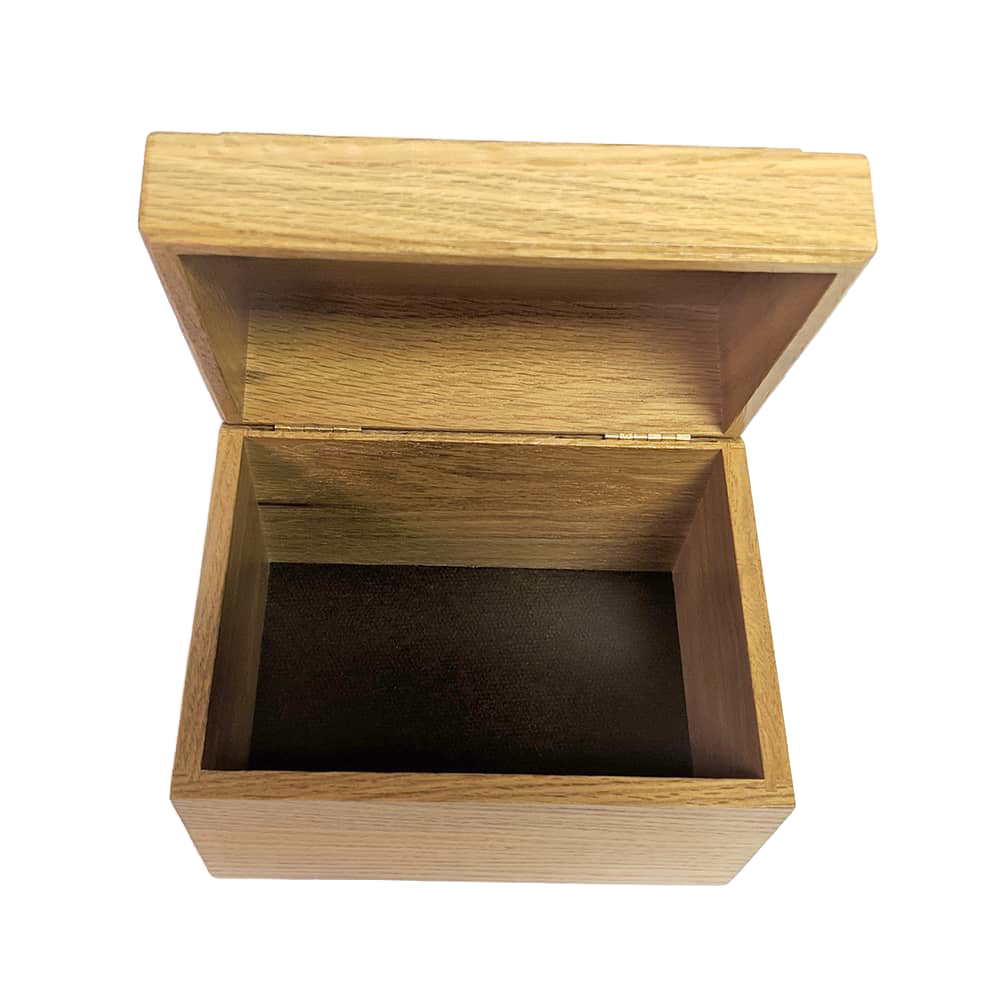 Handcrafted solid oak recipe box with a smooth protective finish and recessed hinges, suitable for Kitchen & Food, Storage and Serving, USA Made, Best Sellers, and Promo Eligible collections.