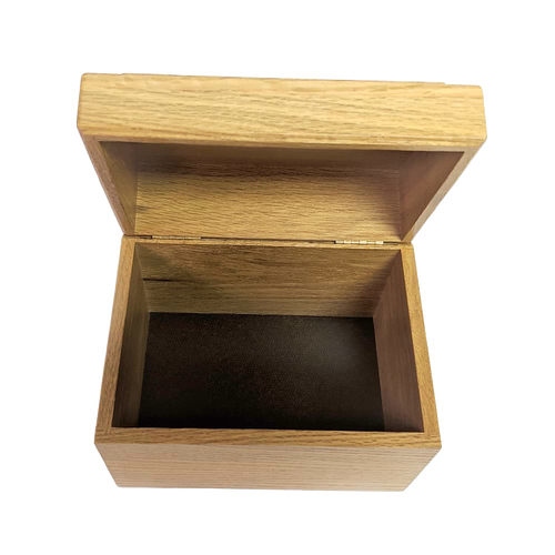 Handcrafted solid oak recipe box with a smooth protective finish and recessed hinges, suitable for Kitchen & Food, Storage and Serving, USA Made, Best Sellers, and Promo Eligible collections.