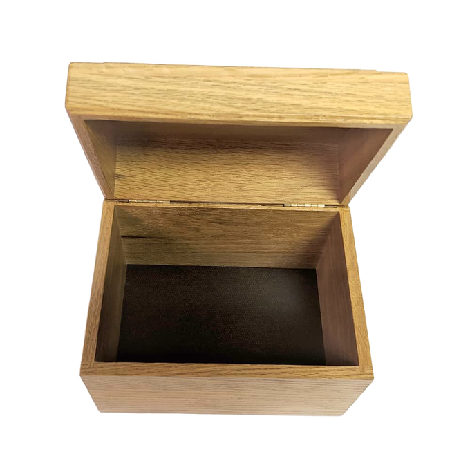 Handcrafted solid oak recipe box with a smooth protective finish and recessed hinges, suitable for Kitchen & Food, Storage and Serving, USA Made, Best Sellers, and Promo Eligible collections.