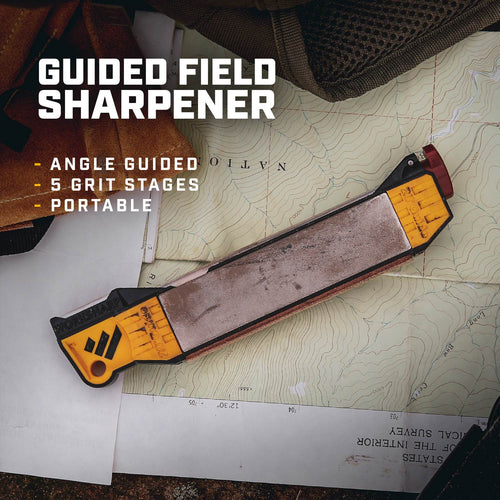 Portable handheld guided field knife sharpener featuring five grit stages with a yellow and black body, designed for precision sharpening in farm, garden, food prep, and hardware collections.