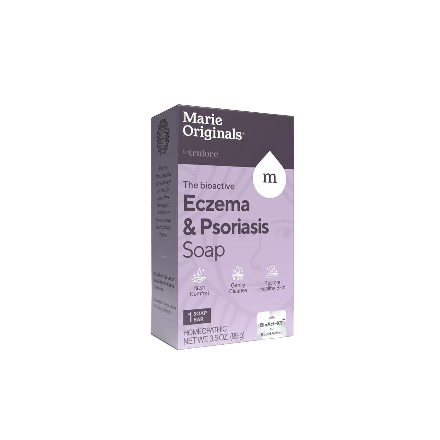 Handcrafted all-natural eczema and psoriasis relief soap bar in purple packaging, made in USA, featured in Health & Wellness, Grooming and Personal Hygiene, Soaps, and Best Sellers collections.