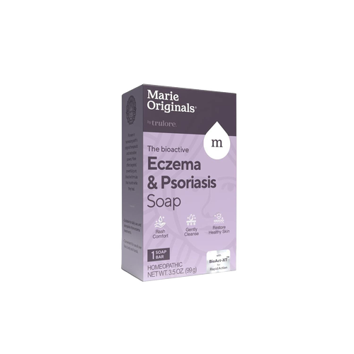 Handcrafted all-natural eczema and psoriasis relief soap bar in purple packaging, made in USA, featured in Health & Wellness, Grooming and Personal Hygiene, Soaps, and Best Sellers collections.