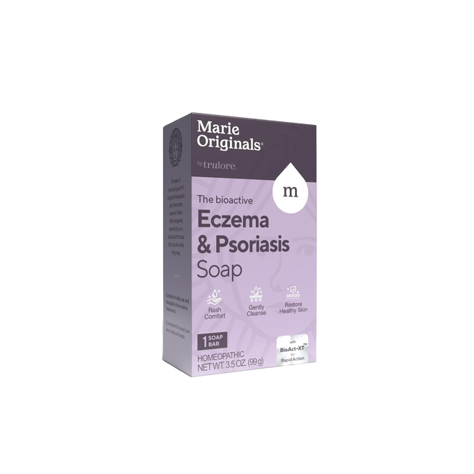 Handcrafted all-natural eczema and psoriasis relief soap bar in purple packaging, made in USA, featured in Health & Wellness, Grooming and Personal Hygiene, Soaps, and Best Sellers collections.