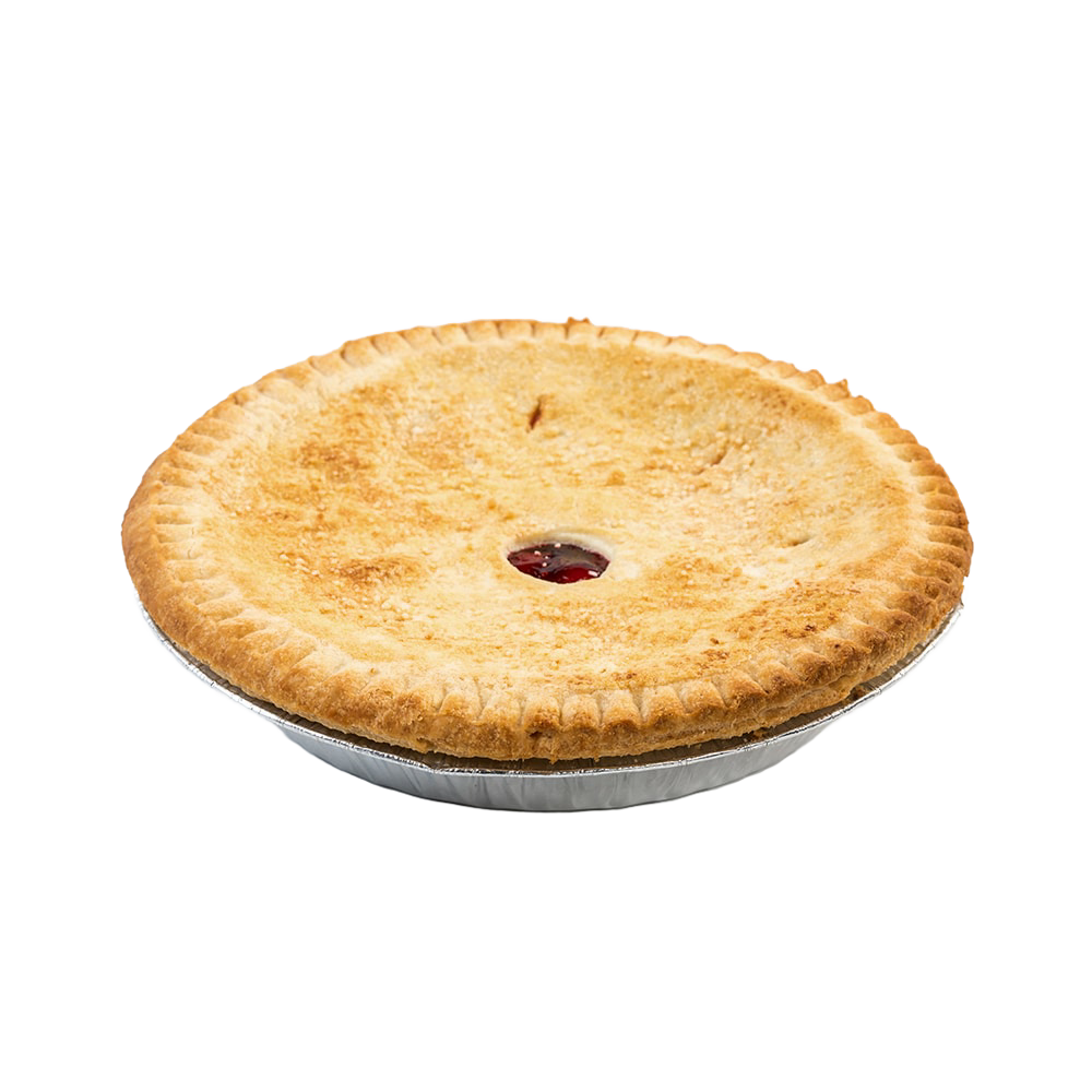 Round freshly baked cherry pie with a golden brown crust and a small cherry filling vent in the center, handcrafted in USA, featured in Kitchen & Food, Snacks and Sweets, and Best Sellers collections.