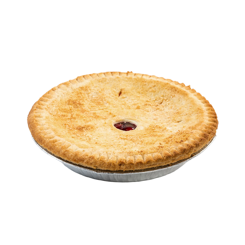 Round freshly baked cherry pie with a golden brown crust and a small cherry filling vent in the center, handcrafted in USA, featured in Kitchen & Food, Snacks and Sweets, and Best Sellers collections.